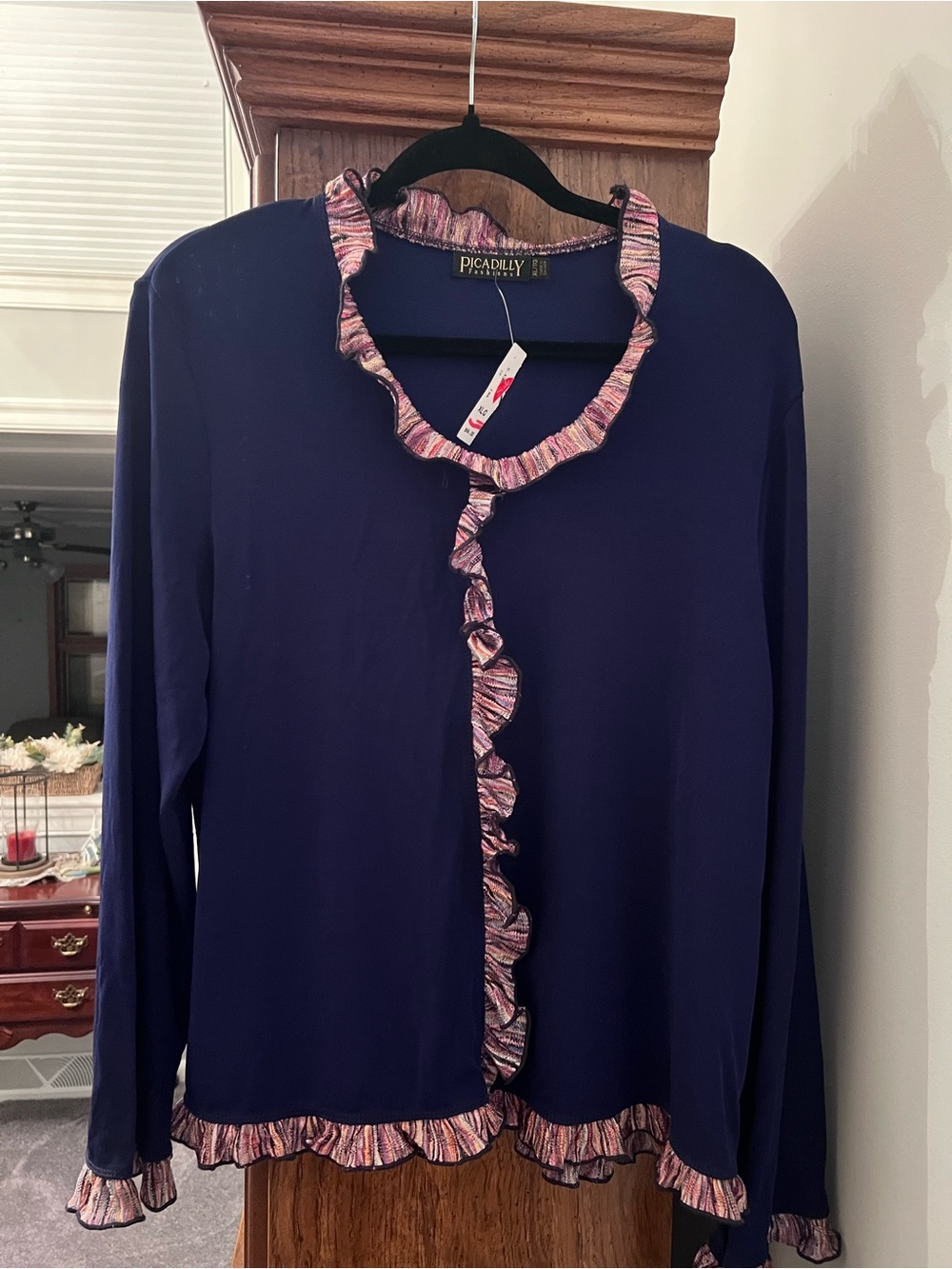 NWT Picadilly Fashions Blouse XL Navy Blue Metallic Ruffle Made in Canada $66